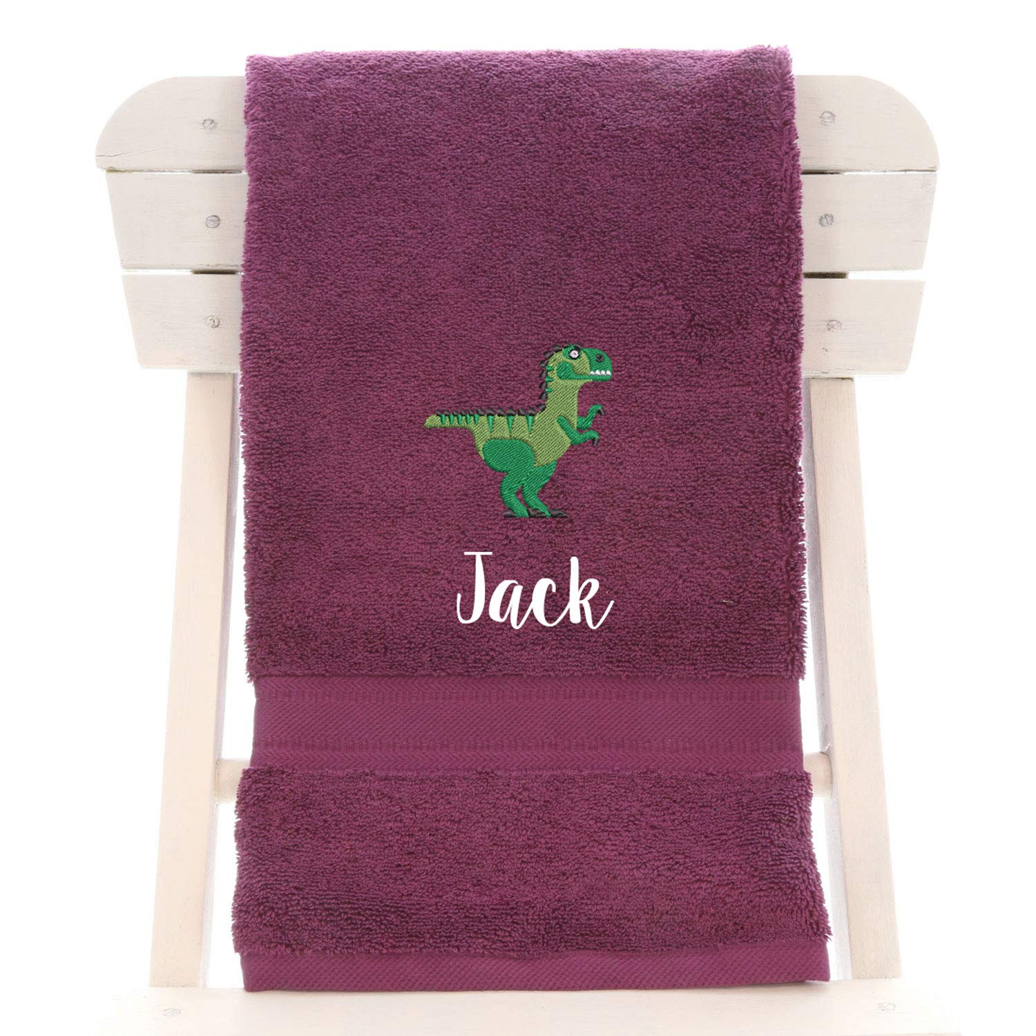 aztex Personalised Children's 100% Cotton Bath Towel with Dinosaur Logo & Name, 550gsm, 70cm x 130cm - Aubergine