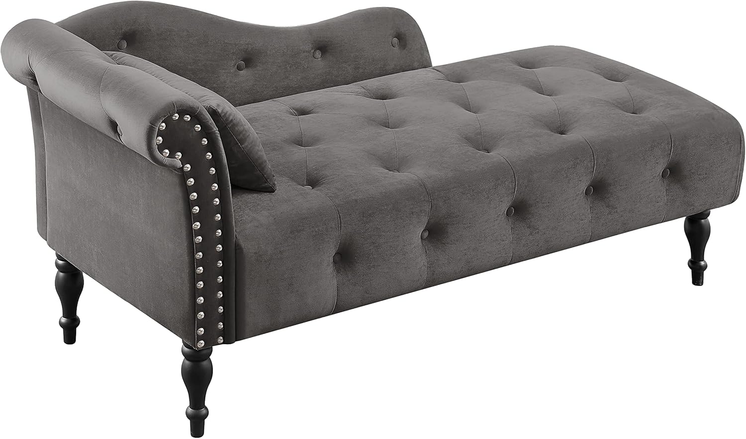60" Modern Velvet Chaise Lounge Indoor, Upholstered Chair with Left Armrest and Lumbar Pillow, Button Tufted Lounge Sofa for Living Room Bedroom Office, Mini Chaise Longue Sofa (Grey)