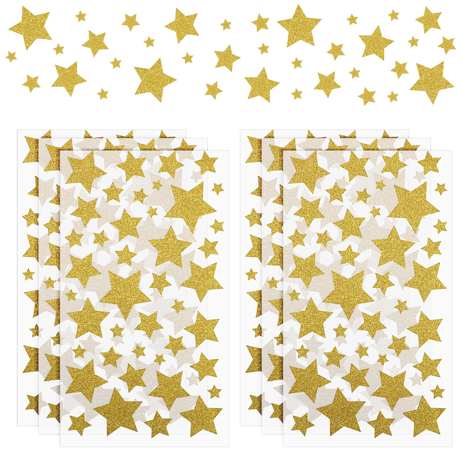 6 Sheet Glitter Gold Star Stickers Self-Adhesive Assorted Stars Labels Gold Stars Reward Sticker Holographic Foil Star Sticker Yellow Stared-Shape Labels for Kids Reward Classroom Teacher Supplies