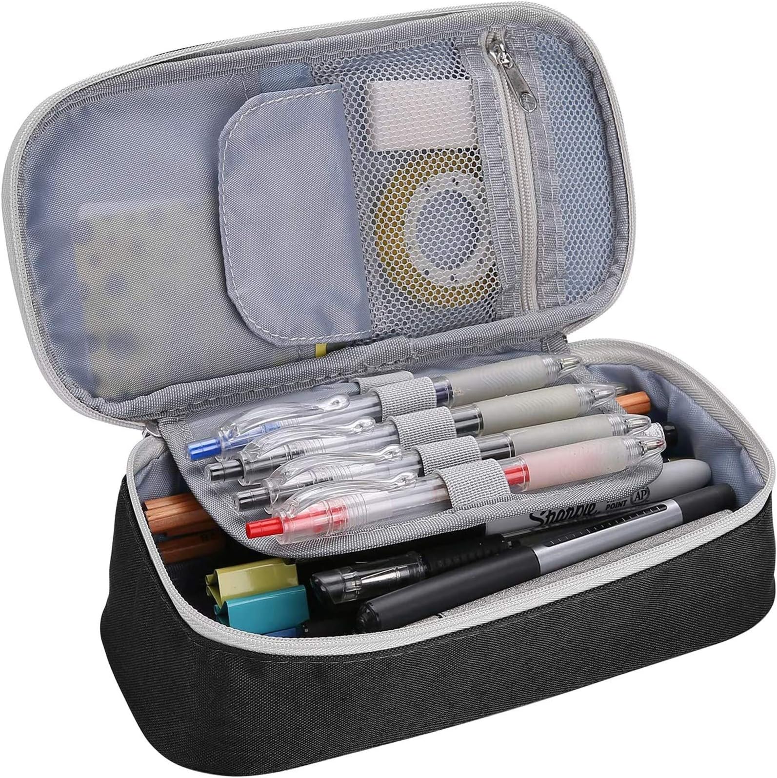 ProCase Pencil Bag Pen Case, Big Capacity Students Stationery Pouch Holder Desk Organizer with Zipper for Pens Pencils Highlighters Gel Pen Markers School Supplies Students Office Clerks –Black