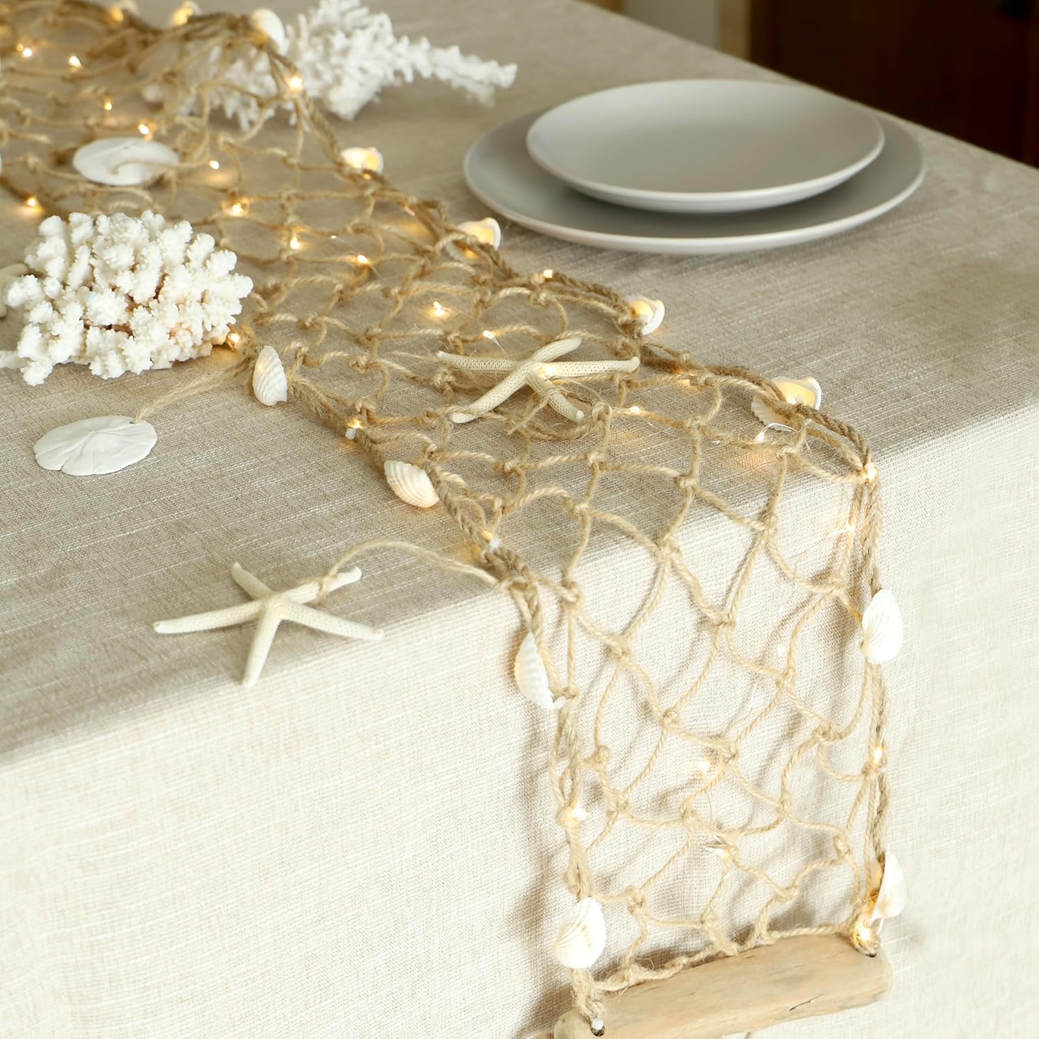 Seashell Garland Net Lights 6.5FT 55LED Warm White, USB & Battery Powered Remote Timer Dimmer, Starfish Sand Dollar Shell Decor for Beach Bedroom Coconut Girl Coastal Room Decor