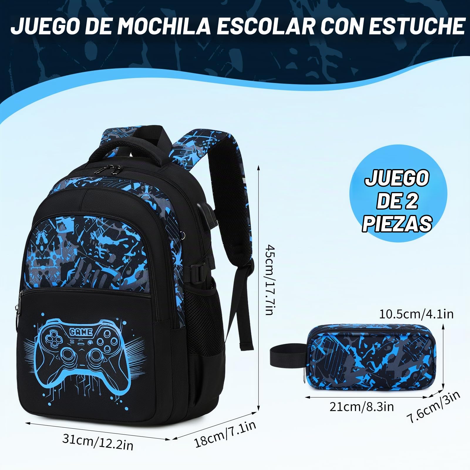 Mochila Escolar Niño con Estuche, Diseño Fluorescente