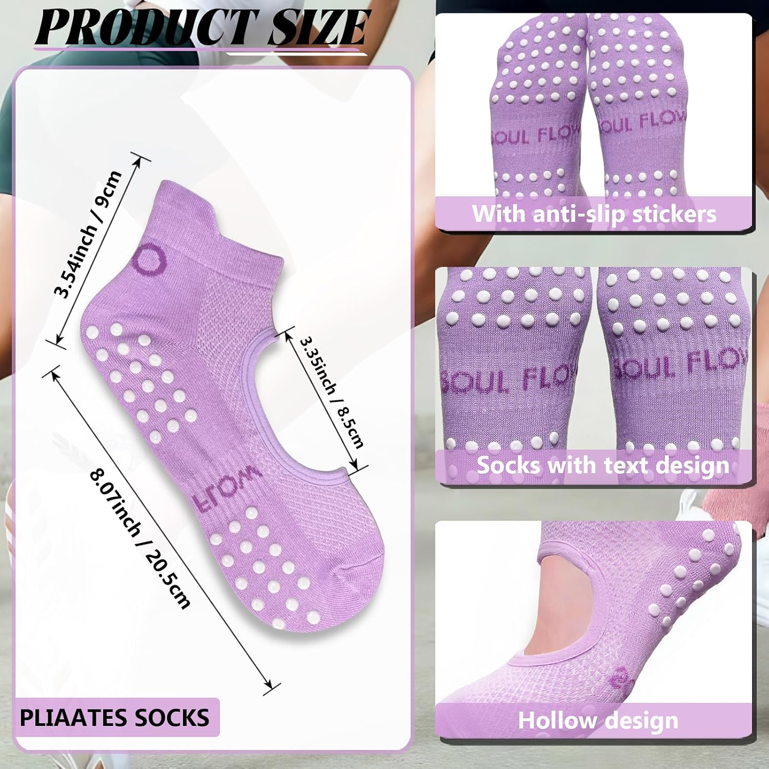 4 Pairs Pilates Socks with Grips for Women, Yoga Socks Non Slip Athletic Crew Socks for Ballet Workout
