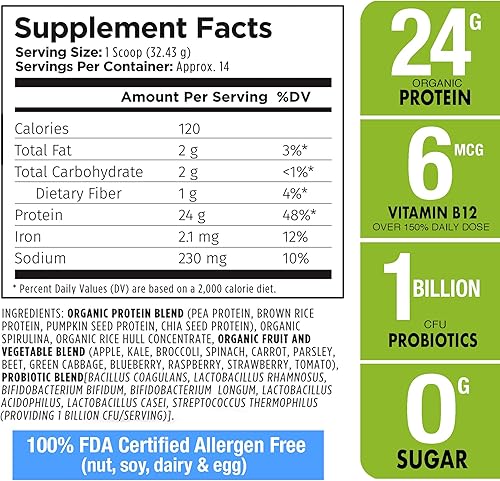 Miniatura 7 de Plantvital Proteína vegana orgánica sin sabor en polvo, 18 superalimentos, verduras y probióticos, proteína orgánica a base de plantas, todos los