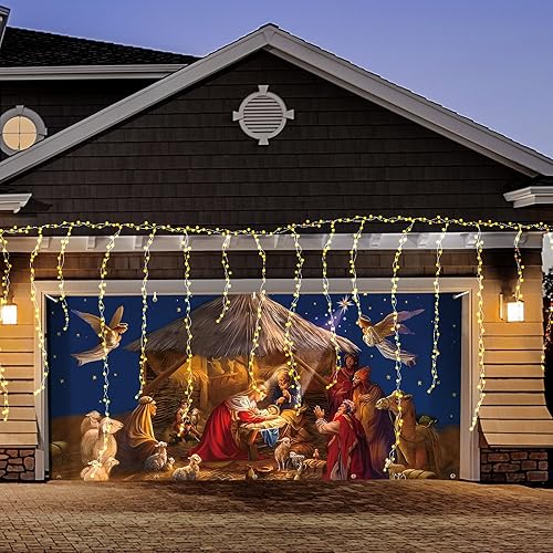 Miniatura 9 de Wesiti Cubierta de Navidad para puerta de garaje, 6 x 13 pies, cartel religioso de Jesús Feliz Navidad para puerta de garaje, telón de fondo