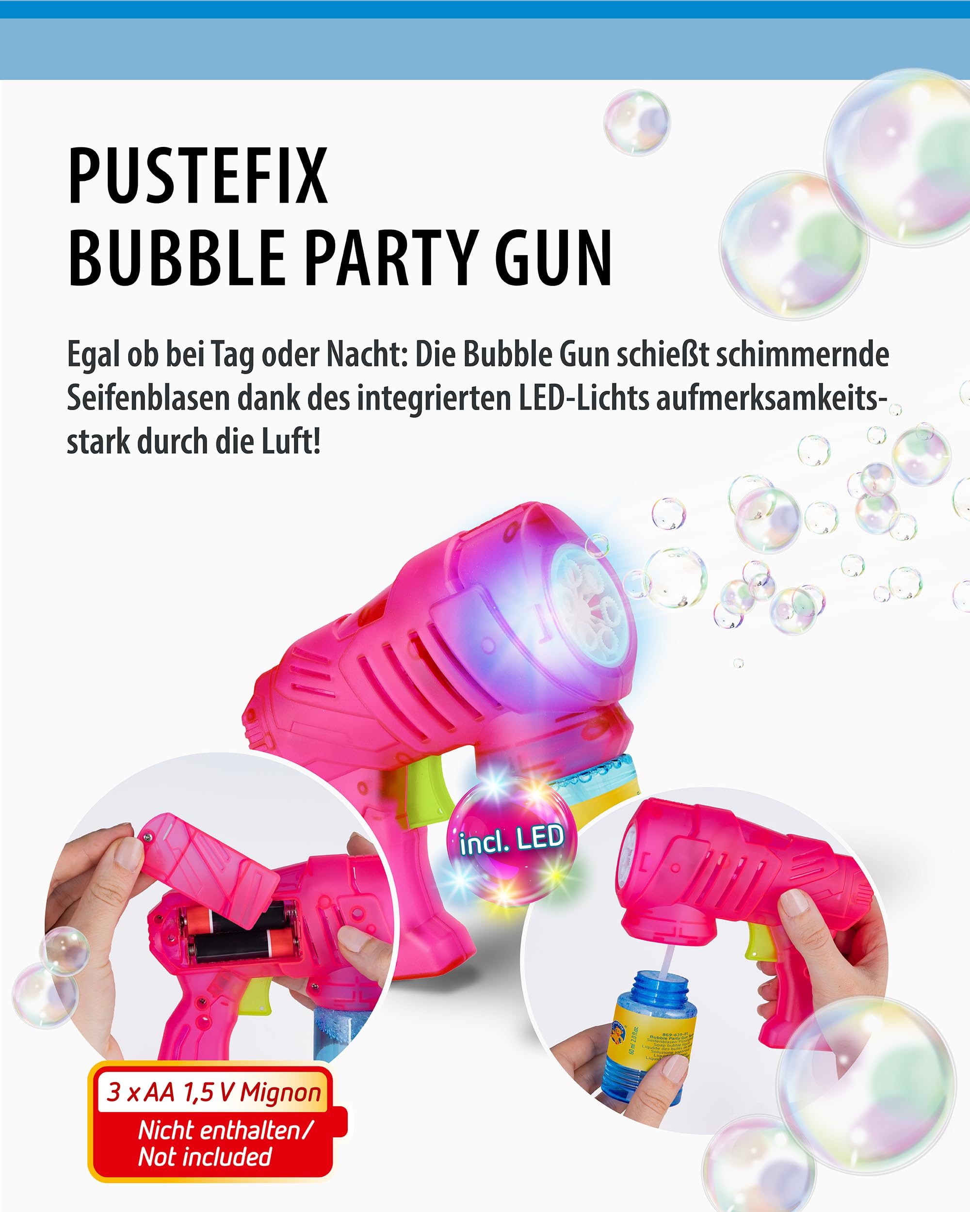 PUSTEFIX Bubble Party Gun I Seifenblasenpistole I 60 ml Flüssigkeit I Made in Germany I Für Hochzeit, Kindergeburtstag & Polterabend I Für Kinder & Erwachsene - 3