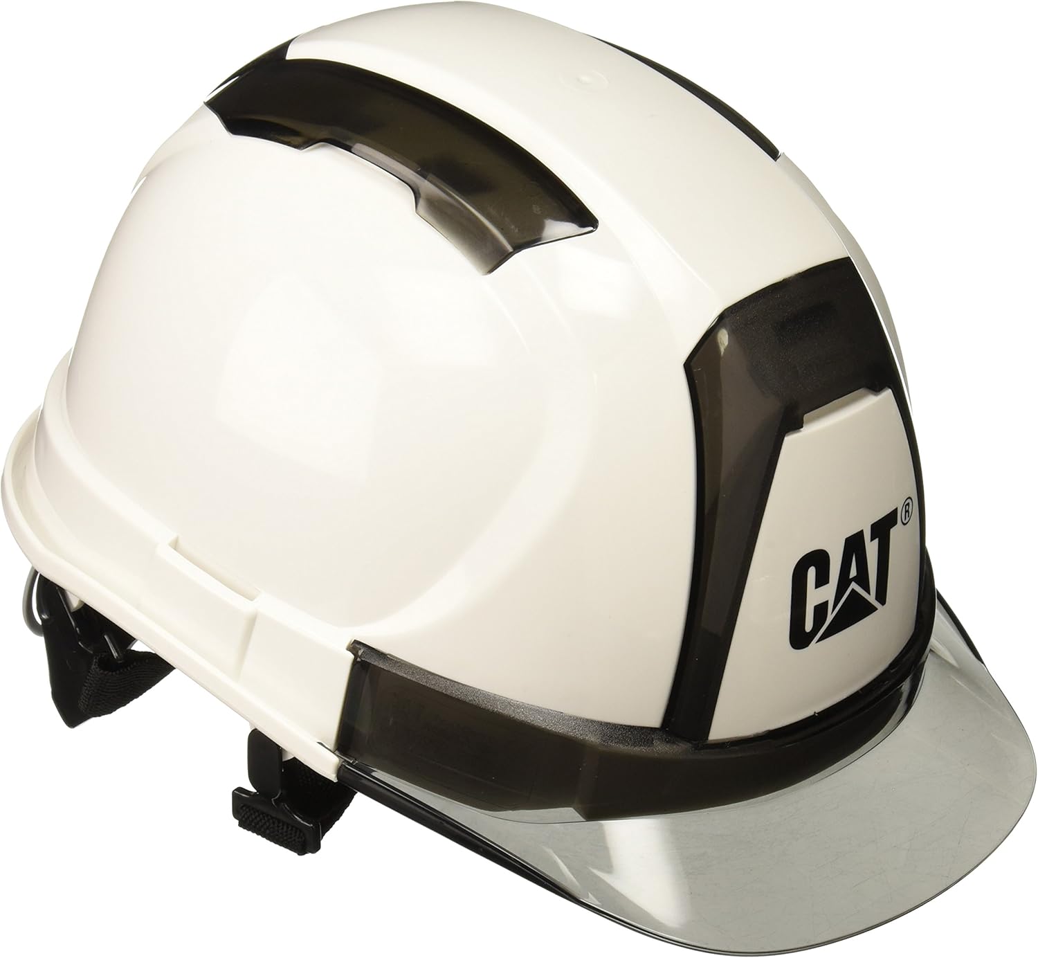 Cat CAT019665 Hard Hat – One Size, White, ABS Shell w/ Transparent Brim Protective Work Cap w/ Slotted Sides, Ratcheting Suspension