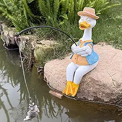 Estátua de pato de jardim para pesca ao ar livre, estátuas de ganso decorações para quintal 24 cm, escultura de pato de pesca, decoração de jardim, pescador para cachoeiras ou decoração de lagos de