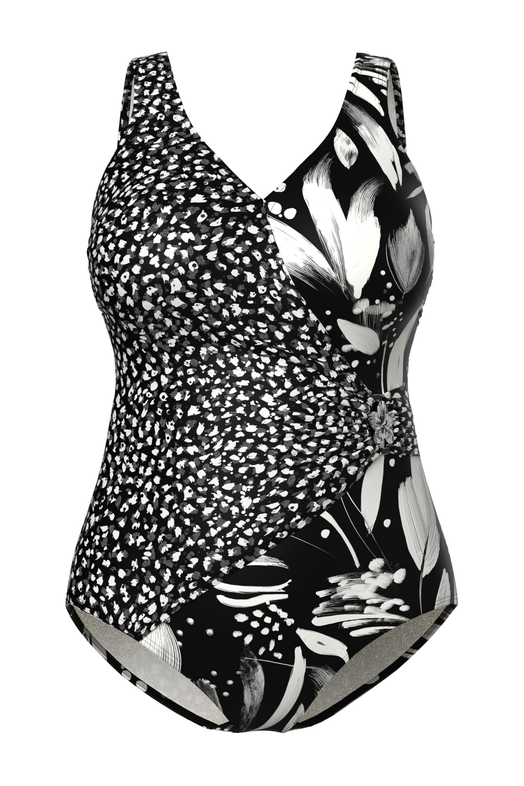 Ulla Popken Damen große Größen Übergrößen Plus Size Badeanzug, Wickeleffekt, Softcups, Zierring 846634