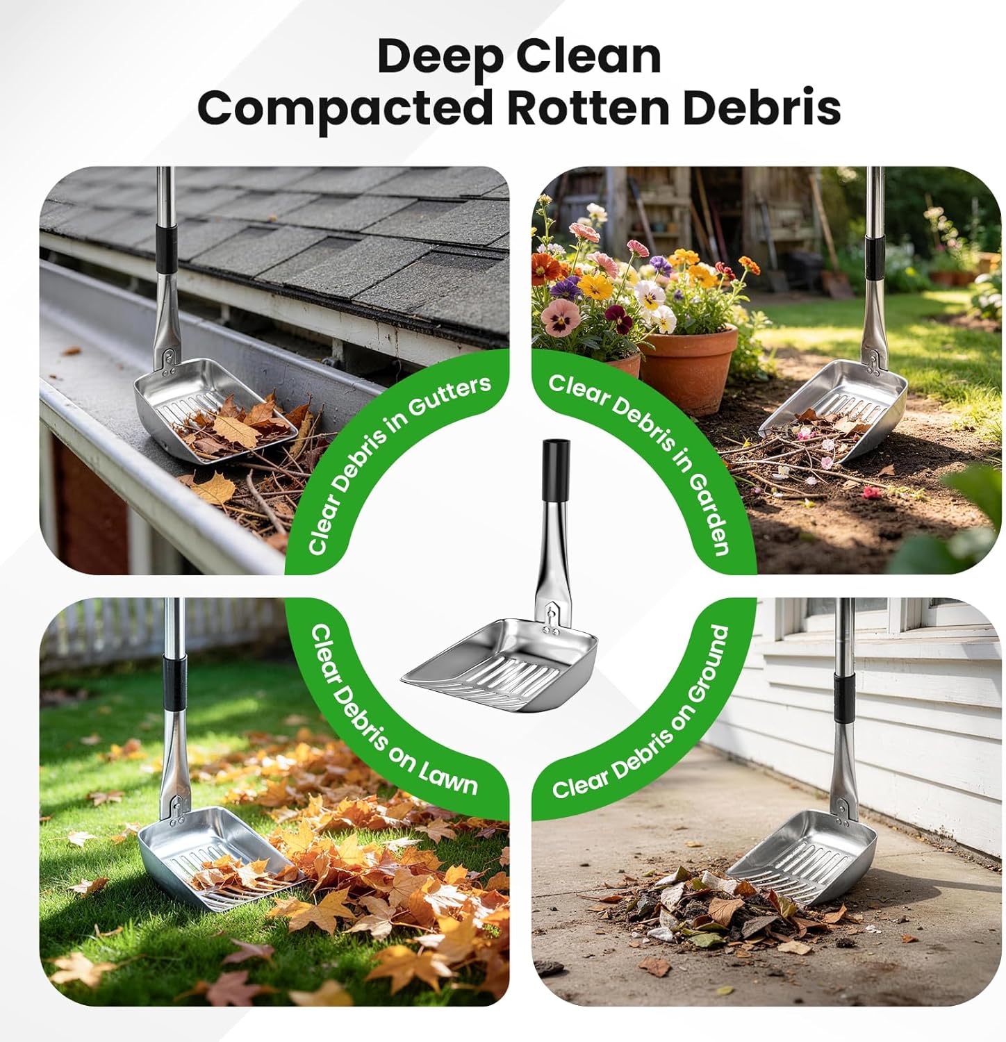 12 FT Gutter Cleaning Tools for Outdoor - Gutter Cleaner Pole with Brush & Shovel for Roof Rain Gutters, Cleans Leaves, Branches & Debris - No Ladder Needed (Green)