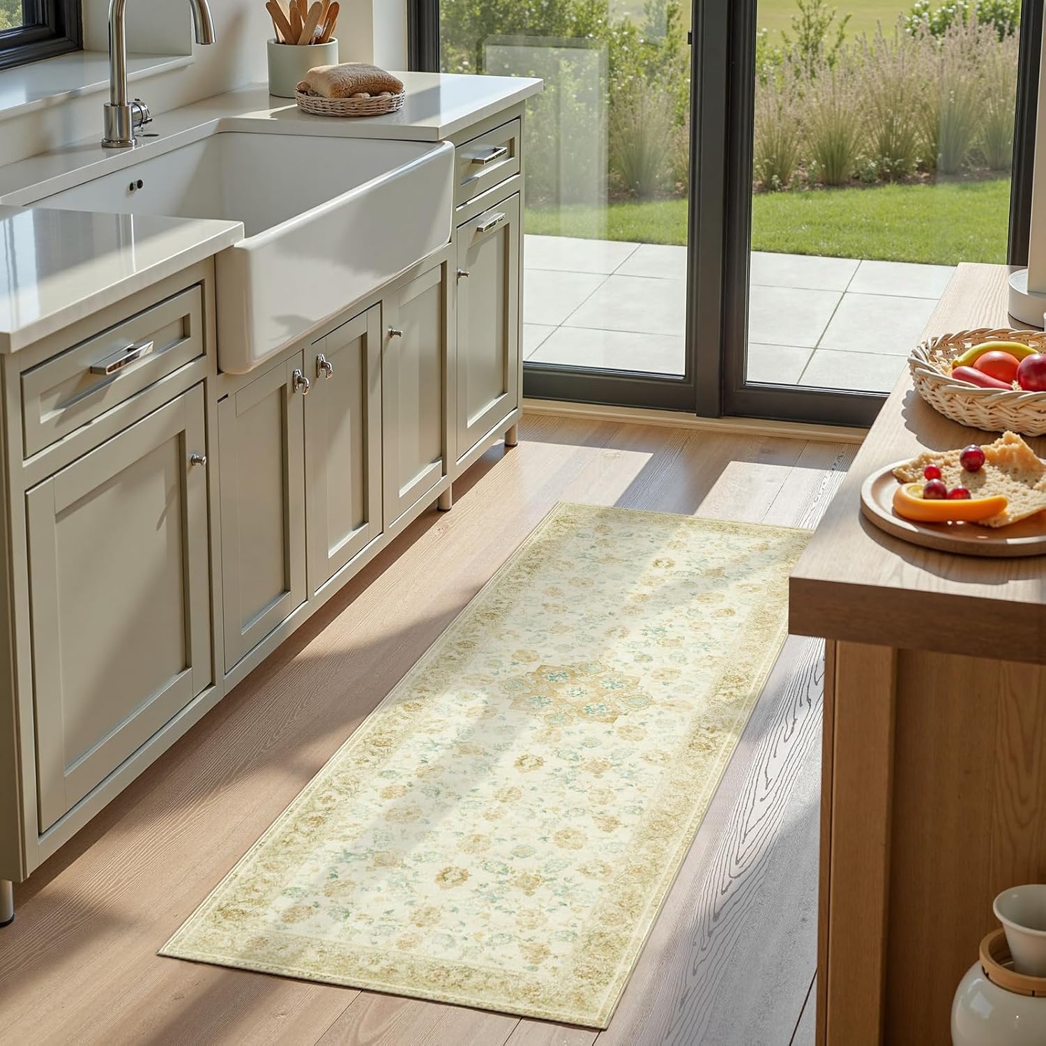 jinchan runner rug 2x6 washable hallway runner- spring floral non slip low-pile soft thin kitchen rug distressed carpet for entryway farmhouse bedroom laundry room(2x6ft, yellow green/teal) 2' x 6' (runner) floral yellow green/teal