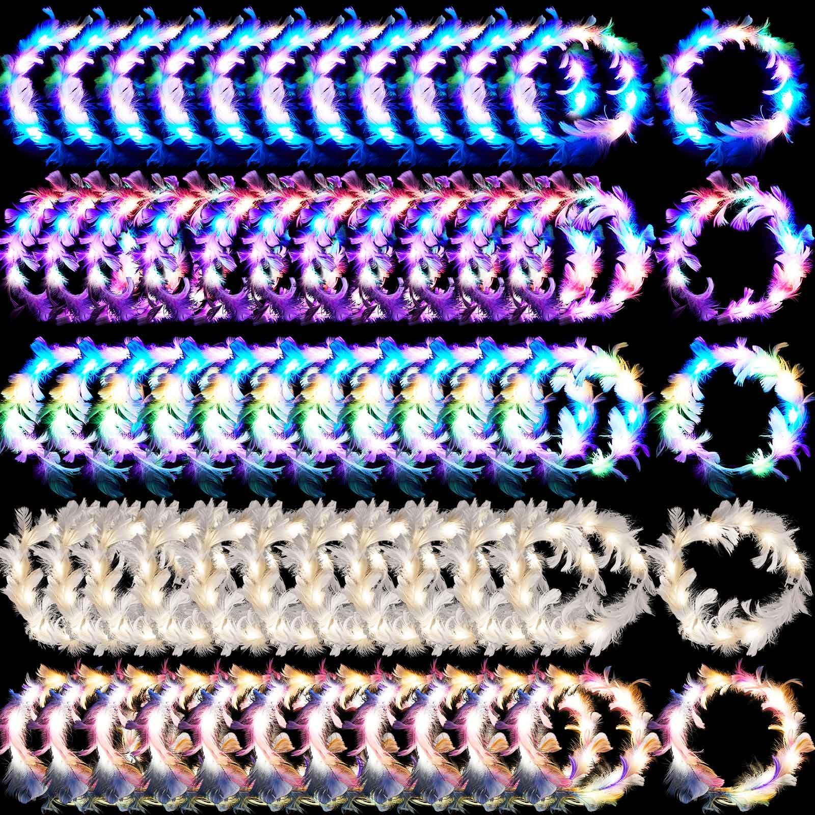 Taiyin 50 Pieces LED Feather Crown Headband - Luminous Flashing Hair Accessories With Adjustable Wreath for Women (Colorful)