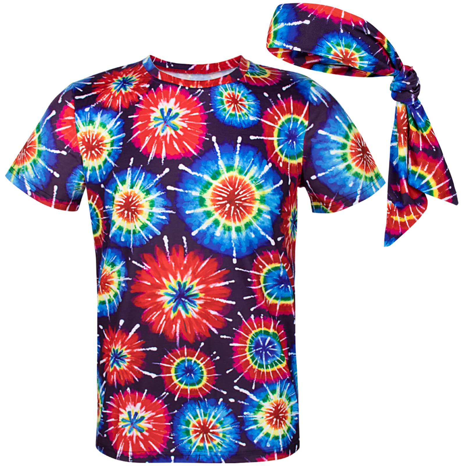 Cosavorock Men's Multicoloured 60S 70S Groovy Hippie Psychedelic Costume T-Shirts With Headbands L