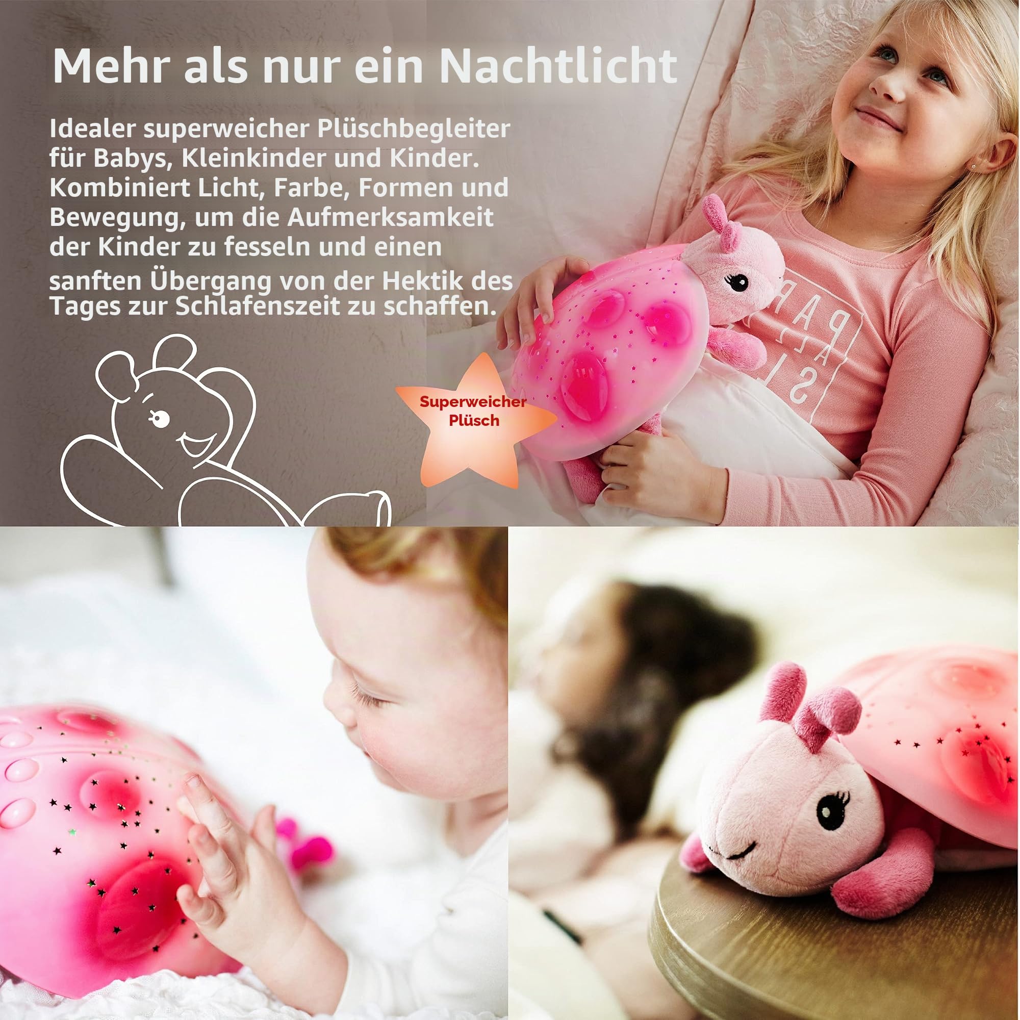 Cloud b Beruhigendes Nachtlicht Sternenprojektor | Sternenhimmel Projektor Kinder mit 3 Farben & 8 Sternbildern | Einschlafhilfe mit Auto-Off 45 Min | Ladybug Marienkäfer Pink