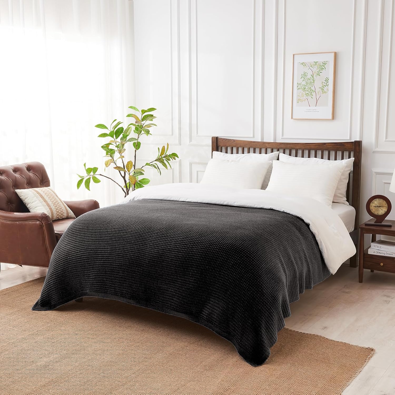 Douceur Black Throw Blanket for Couch, Soft Chunky Cable Knit Throw Blanket, Classic Fisherman's Rib Stitch Pattern Throw for Living Room Gift, 50"X60" - Image 3