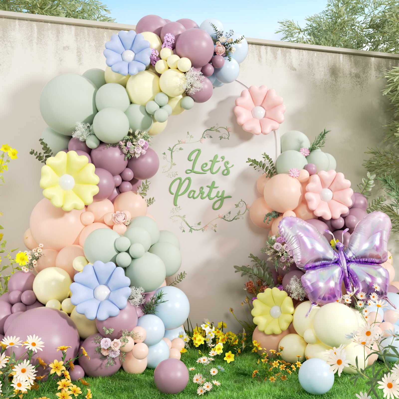 143-teiliges Wildblumen-Ballonbogen-Set mit pastellfarbenen Blumen- und Schmetterlingsballons | Wildblume, Fee, Tee, Baby in Blüte, Babyparty, Geburtstagsparty-Dekorationen