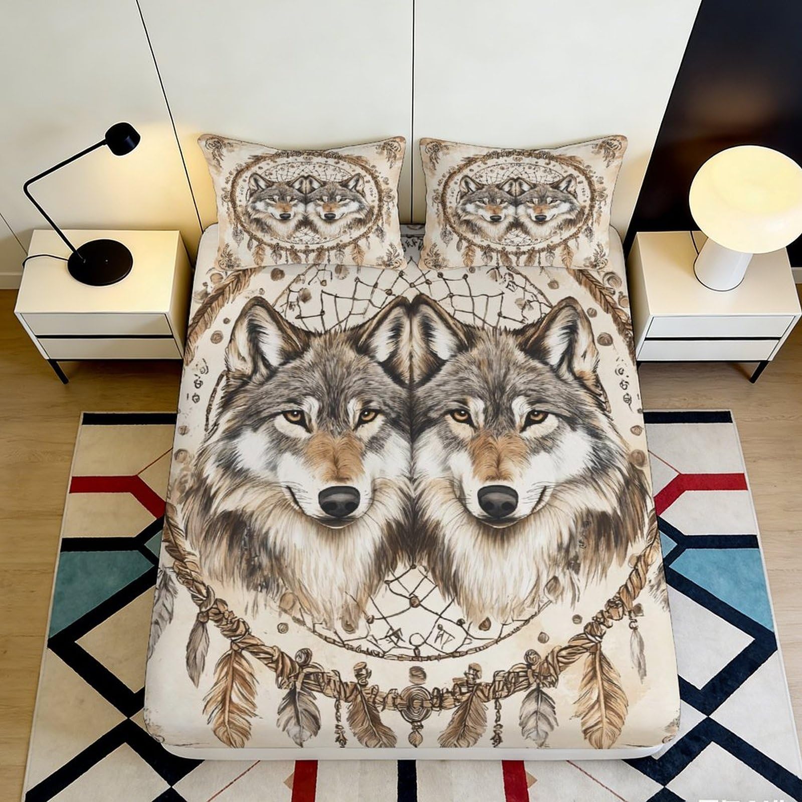 3D Printed Wolf Design Fitted Sheet Microfiber Soft Durable Dreamcatcher Bed Cover for Bedroom Dormitory Guest Room Mattress Protection 180x200x25cm