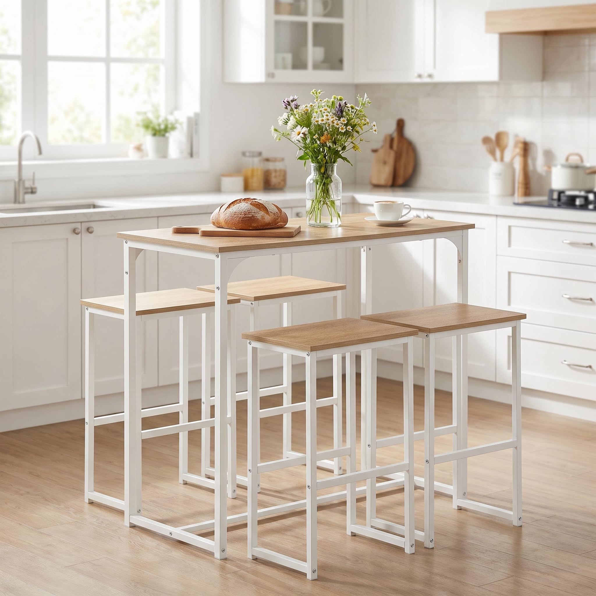 Table à Manger avec 4 Chaises Ensemble 5 pièces 100 x 50 x 90 cm Cadre Acier Blanc Mat Veine Chêne