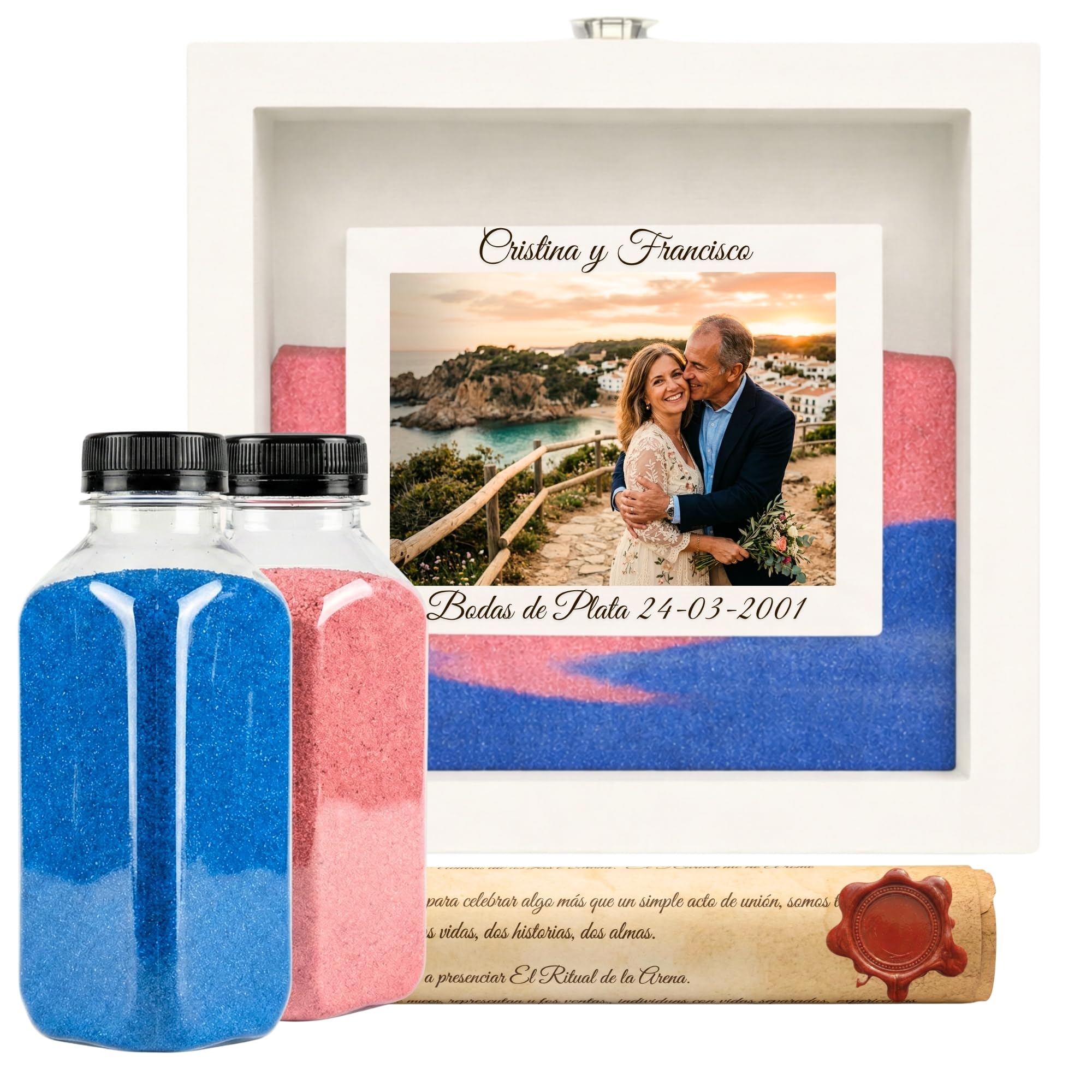 Pack Ritual Arena Personalizable de Madera lacada con arena decorativa color Rosa y Azul, para Ritual Arena boda Kit, con Marco de fotos formato 10x15, 2 botes de 800g… (Blanco)
