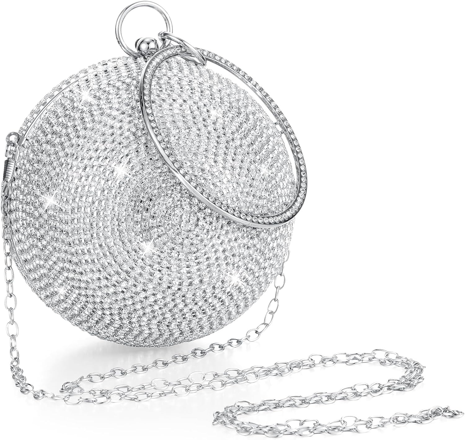 Saintrygo Disco Ball Round Purse for Women Silver Circle Crystal Clutch Rhinestone Evening Tassel Long Chain Handbag 4.72 Inch Lady Wedding Engagement Decoration Disco Party Gift Supplies