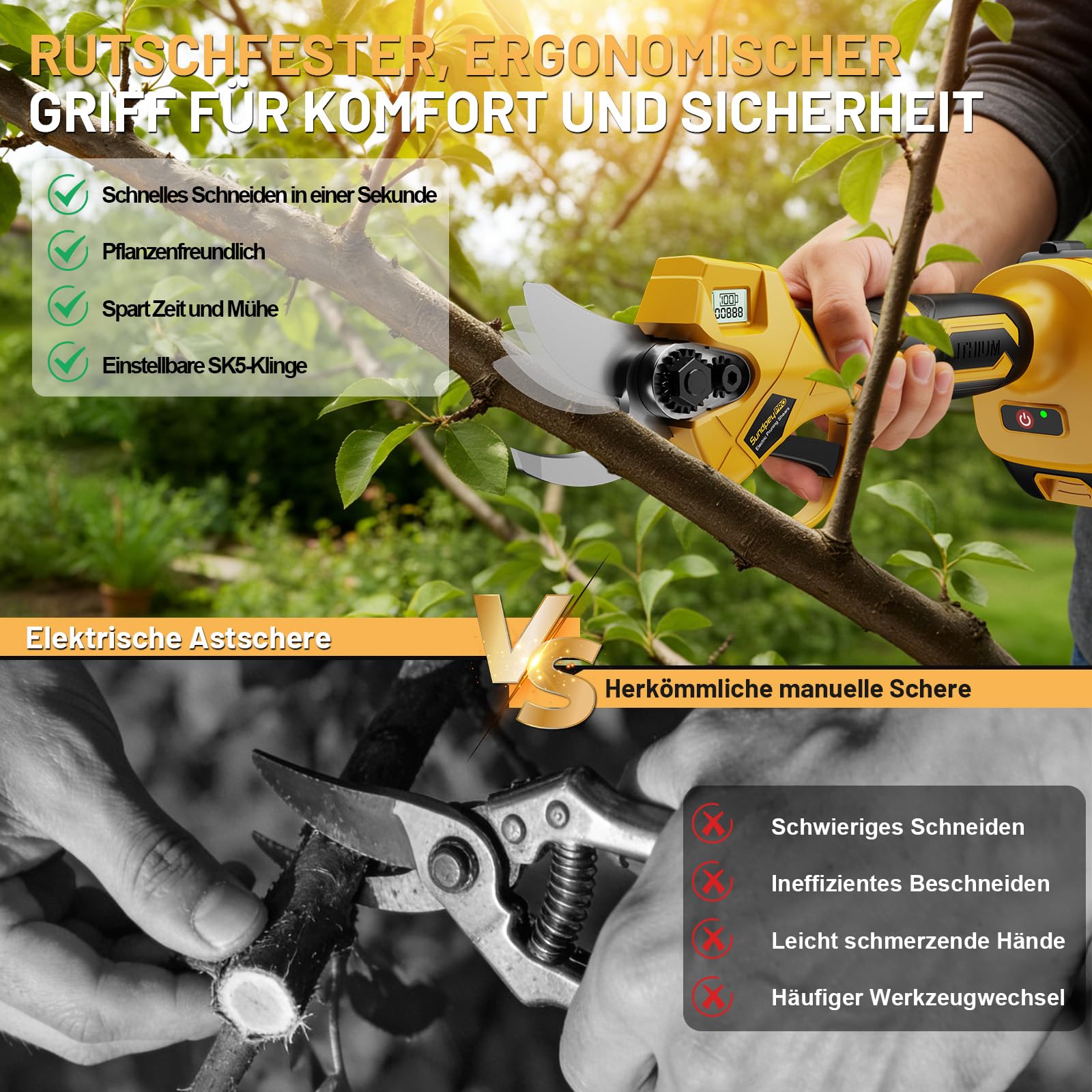 Elektrische Akku-Astschere, Max 30mm Kabellose Akku-Gartenschere mit Bürstenloser Motor, 2 x 2.0Ah-Akkus, LCD Display, Tragetasche, 21V Astschere-Akku für Garten Obstgarten Baumzweige Höfen