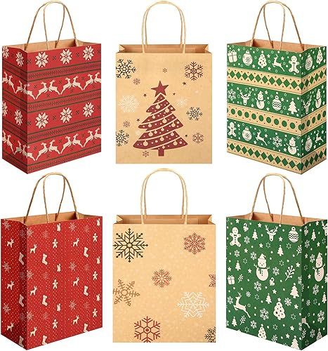 24 bolsas de regalo de Navidad a granel con asa, bolsas de papel kraft de Navidad, bolsas de regalos de Navidad para regalos de fiesta de Navidad,