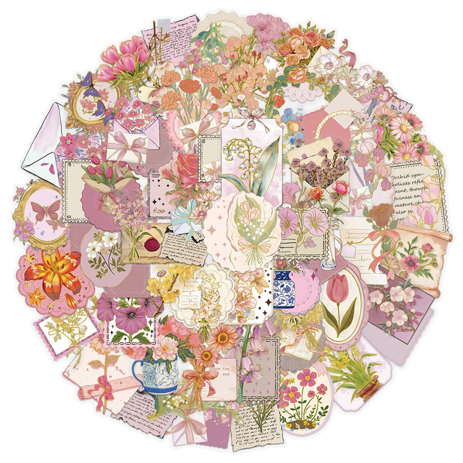 50 Pcs Die-Cut Floral Stickers,Transparent Gold Foil Scrapbook Supplies,Vintage Flower Stickers,for DIY Scrapbooking Journaling Card Making Supplies(Pink)
