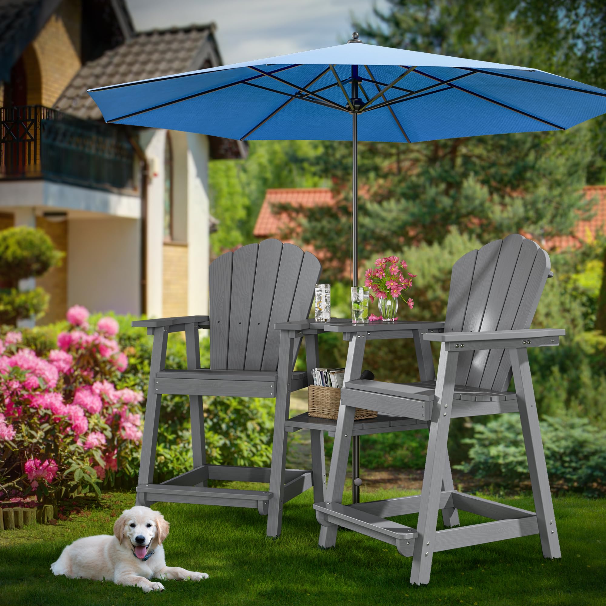 PatioPerk Tall Adirondack Chair Set of 2 with Double Connecting Tray, Recycled HDPE with Wood Grain, Weather Resistant, Outdoor Adirondack Chairs for