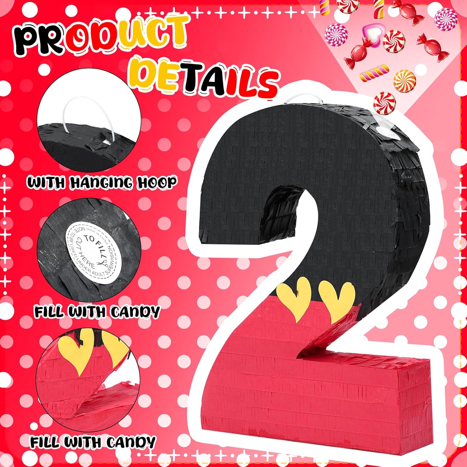 Number 2 Piñata Black Red Piñata First Birthday Party Supplies for Celebration for Boys Girls Fun Yellow Heart Black and Red Themed Party Decor 14.9 X 11 X 2.8 Inches