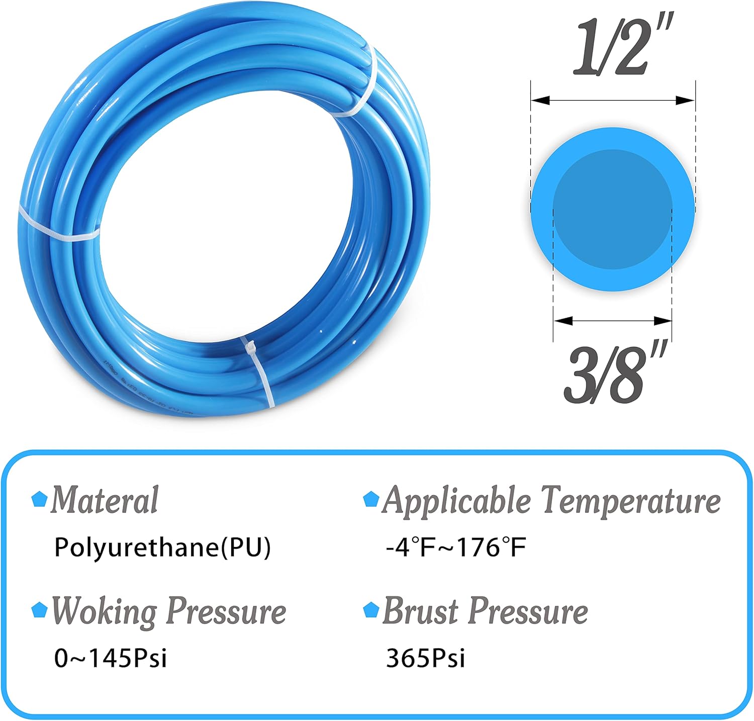Pneumatic Tubing Blue PU Air Hose Pipe Tube Kit 1/2" OD 3/8" ID 12 Meter 39.4ft for Air Line or Fluid Transfer (1/2 x 12M) (1/2 x 12m, Blue)
