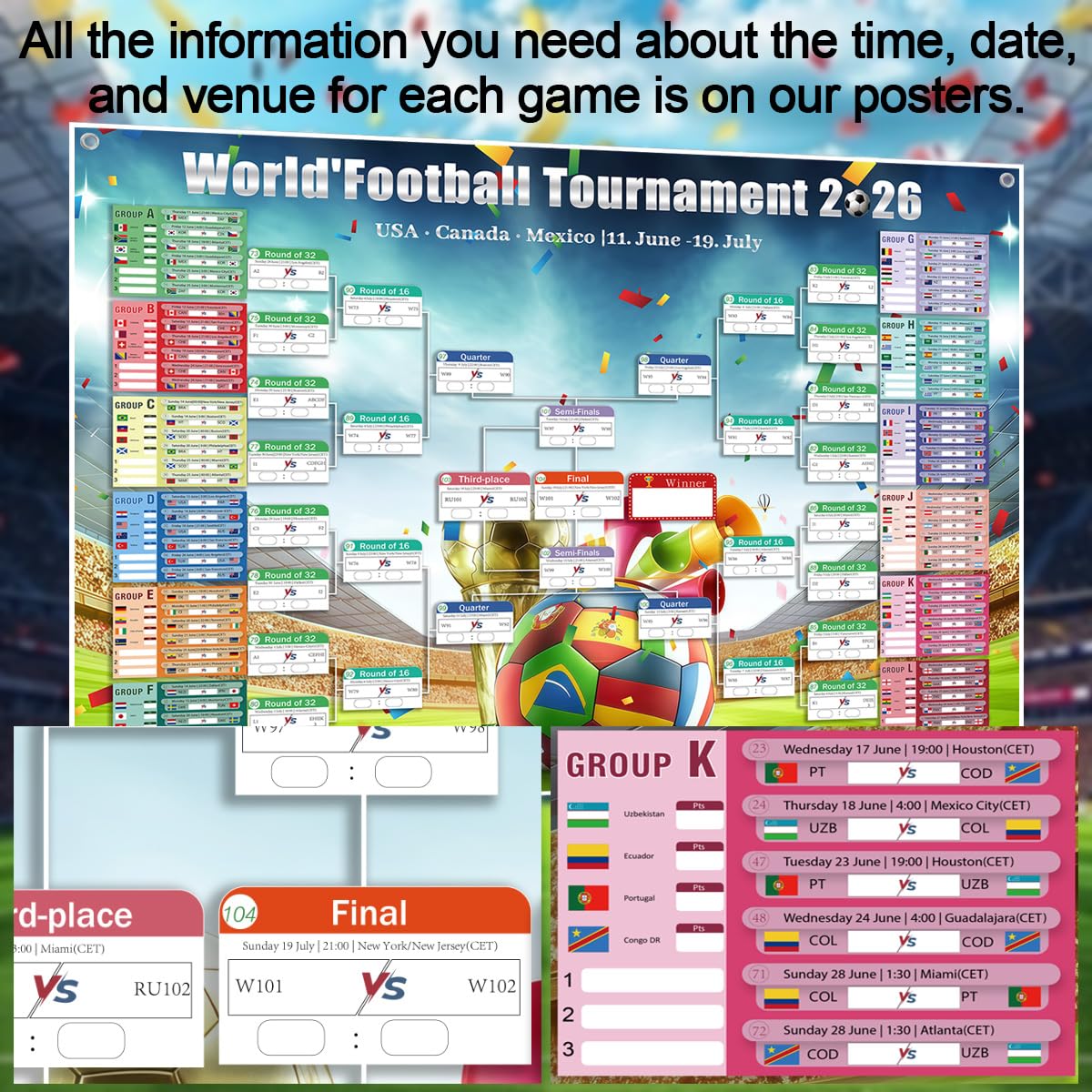 Poster Calendario Partite Coppa del Mondo 2026, 150x100cm con adesivi correttivi e cordino, calendario di gioco con 48 squadre, Decorazione Salotto Bar Festa, Ideale per i Tifosi di Calcio (150x100)