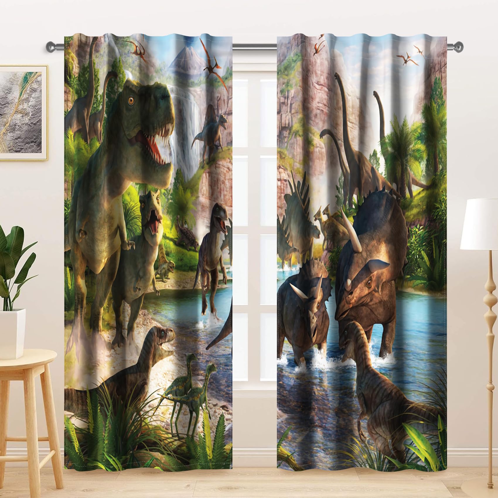 140x229cm braune Cartoon Vorhänge 2 Paneele, Jurazeit Heimat der Dinosaurier Grüner Wald Blauer Fluss Malerei, Fantasy Spaß Dekor für Kinderzimmer, Wohnzimmer