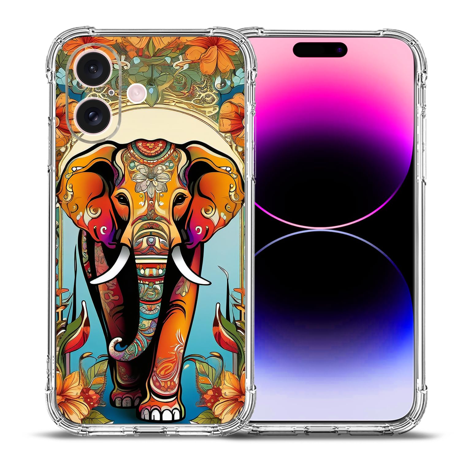 Beaucov Case for iPhone 16,Orange Elephant Flowers Drop Protection Shockproof Case TPU Full Body Protective Scratch-Resistant Cover for Apple iPhone