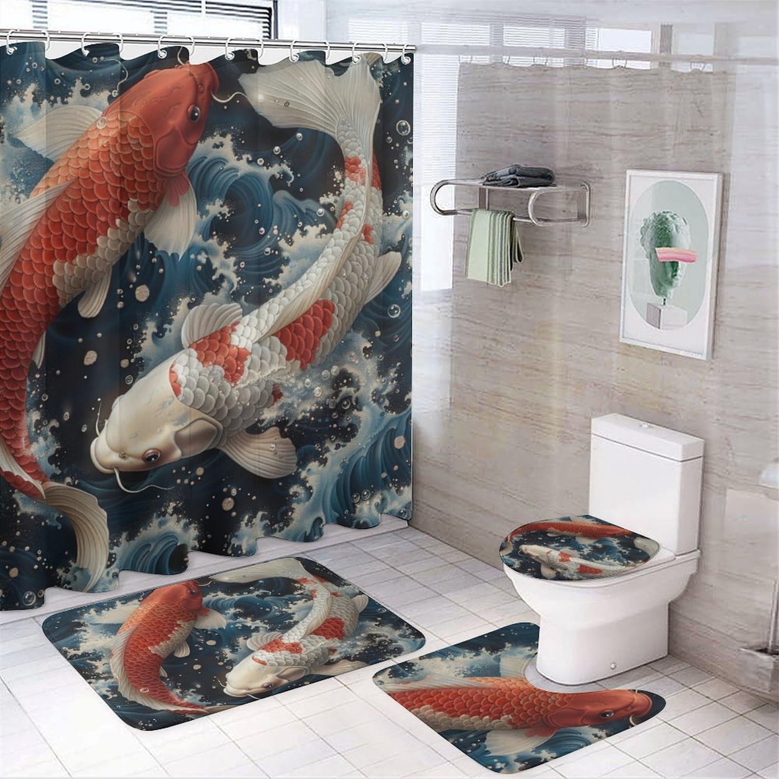 HDESDIS 4Pcs Fish Ocean Waves Shower Curtain Sets with Rugs, Toilet Lid Cover and Bath Mat, Vintage Art Deco Theme Bathroom Shower Curtains Set with