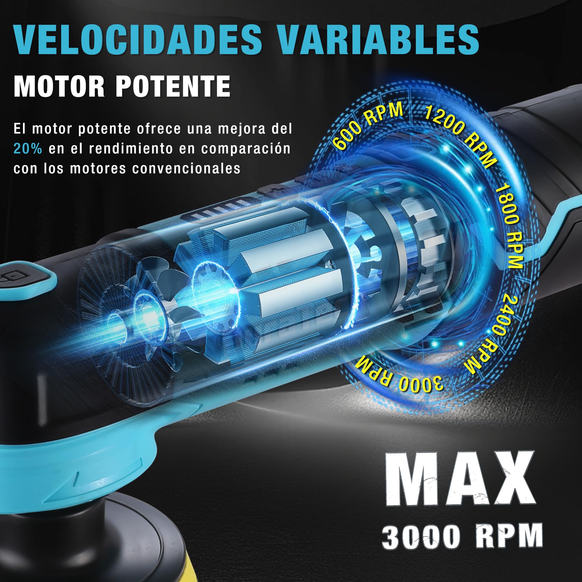 DURATECH Pulidora Inalámbrica 12 V, Pulidora a Batería, Mini Pulidora 3000 RPM, Pulidora Orbital con Platos de 50 mm y 80 mm, Accesorios y Bolsa de Almacenamiento para Coche, Muebles y Metal