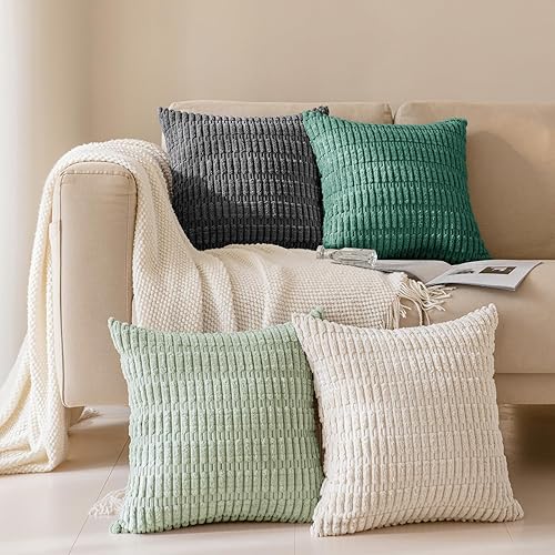 Softalker Juego de 4 fundas de almohada de pana de 16 x 16 pulgadas, fundas decorativas modernas de estilo bohemio a rayas suaves para sofá,