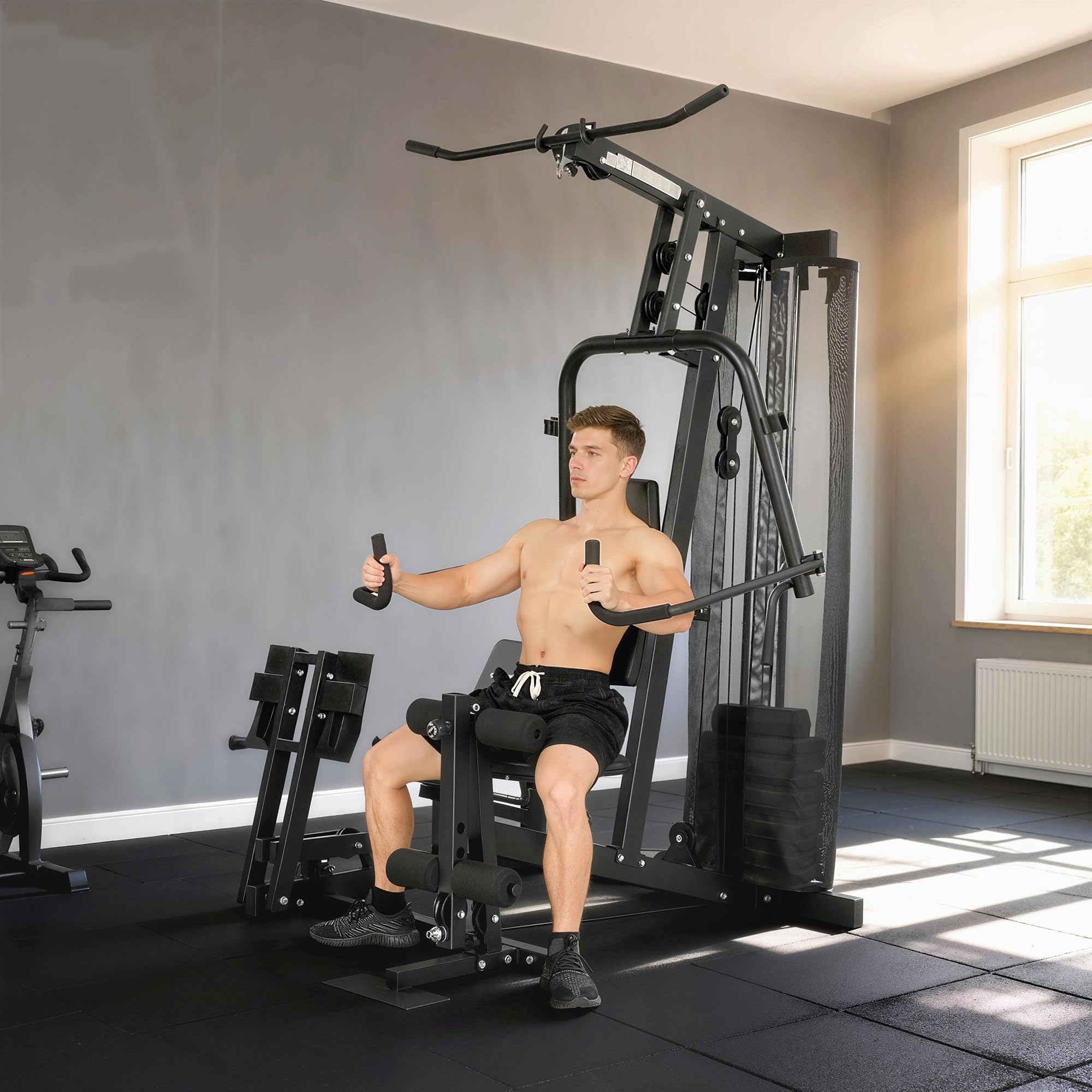 SPORTNOW Kraftstation mit Latzug Butterflystange 65kg Gewichten Seil | Fitnessstation, Beinpresse, Multifunktion Krafttraining, bis zu 120kg Belastbar, Trainingsstation für Zuhause