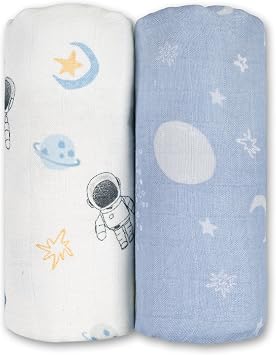 GLLQUEN BABY Muslin Swaddle Blankets Breathable Receiving Blankets 35" x 40" 2-Pack Soft Baby Blankets for Girls and Boys Newborn Essentials Muslin Burp Cloths Swaddle Wrap Baby GiftAstronaut