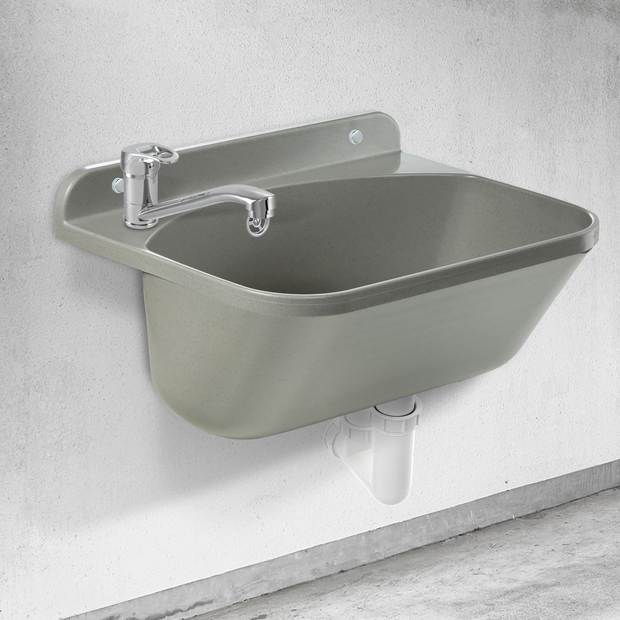 GOSPO Fregadero con grifo giratorio, sifón, lavabo 46 x 36 x 20 cm, lavadero para garaje, lavabo, sótano, montaje en pared, en placa, fregadero, incluye accesorios (gris)