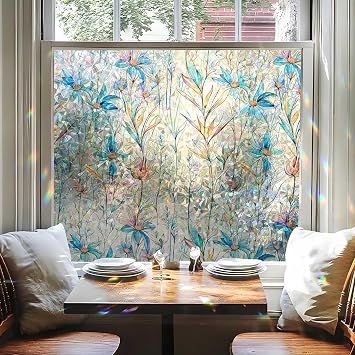 Stained Glass Window Privacy Film,Frosted Anti Glare Rainbow 3D Flower Stickers,UV,Heat Blocking,Static Cling,Non-Adhesive Vinyl Films,Coloured Window Film for Bathroom,Kitchen,Office,30x100cm