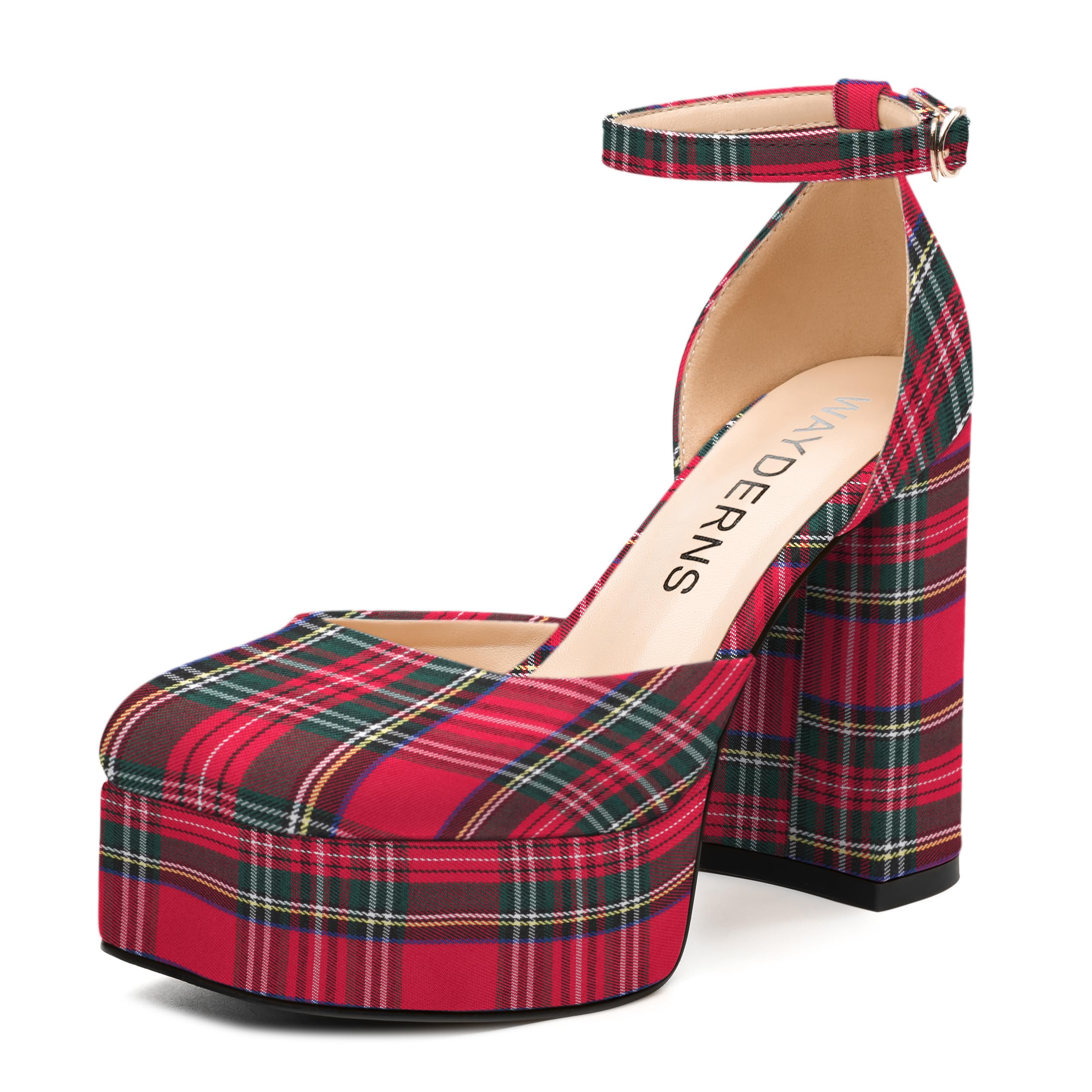 WAYDERNS Platform Heels for Women Block High Heel Closed Square Toe Ankle Strap 4.3 Inch Pumps Fashion Party Dress Shoes