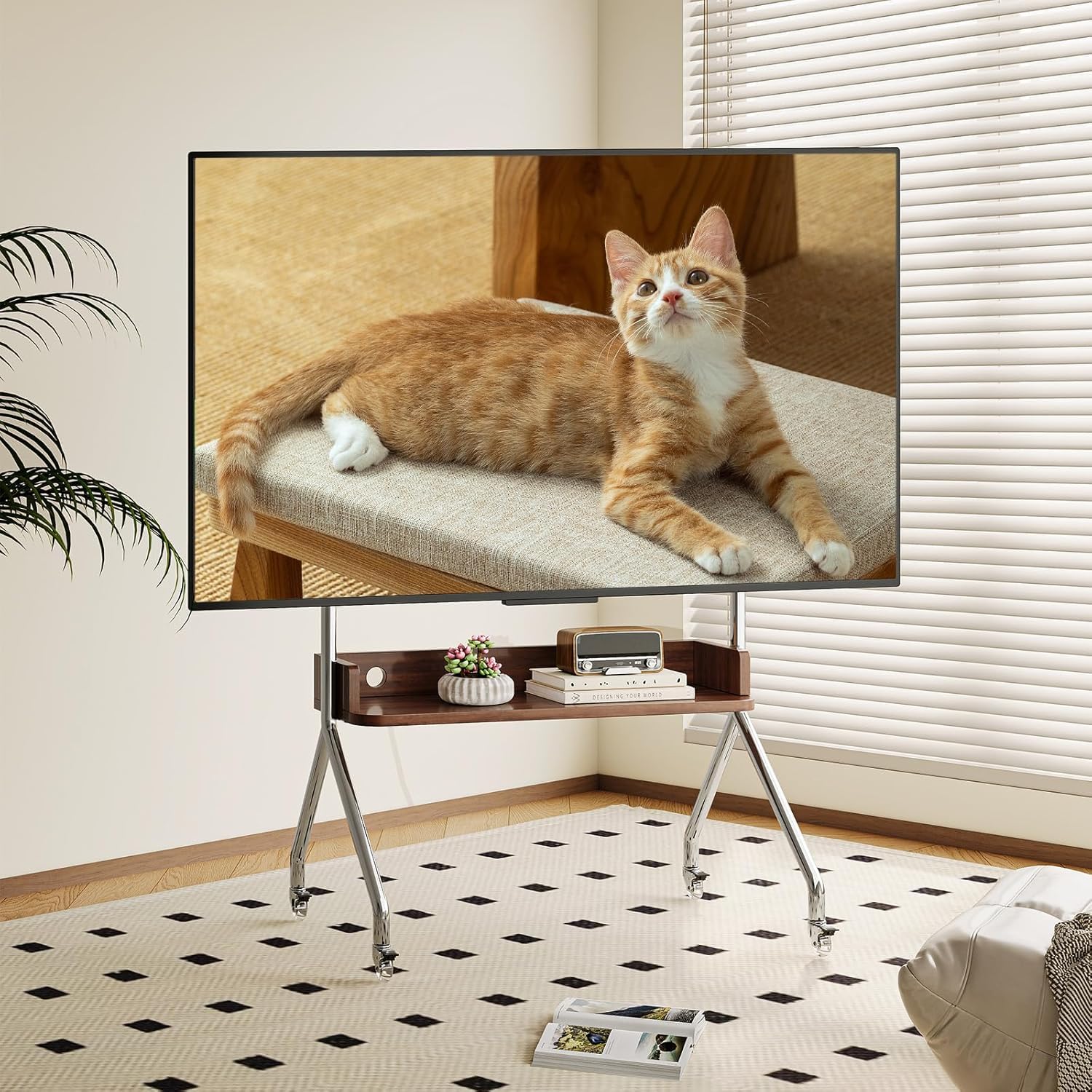 Mobilny wózek na telewizor, stojak na telewizor, na płaski zakrzywiony ekran LCD LED OLED, z regulacją wysokości, przenośny stojak na telewizor z kółkami blokującymi, nośność do 49 kg, maks. VESA 600