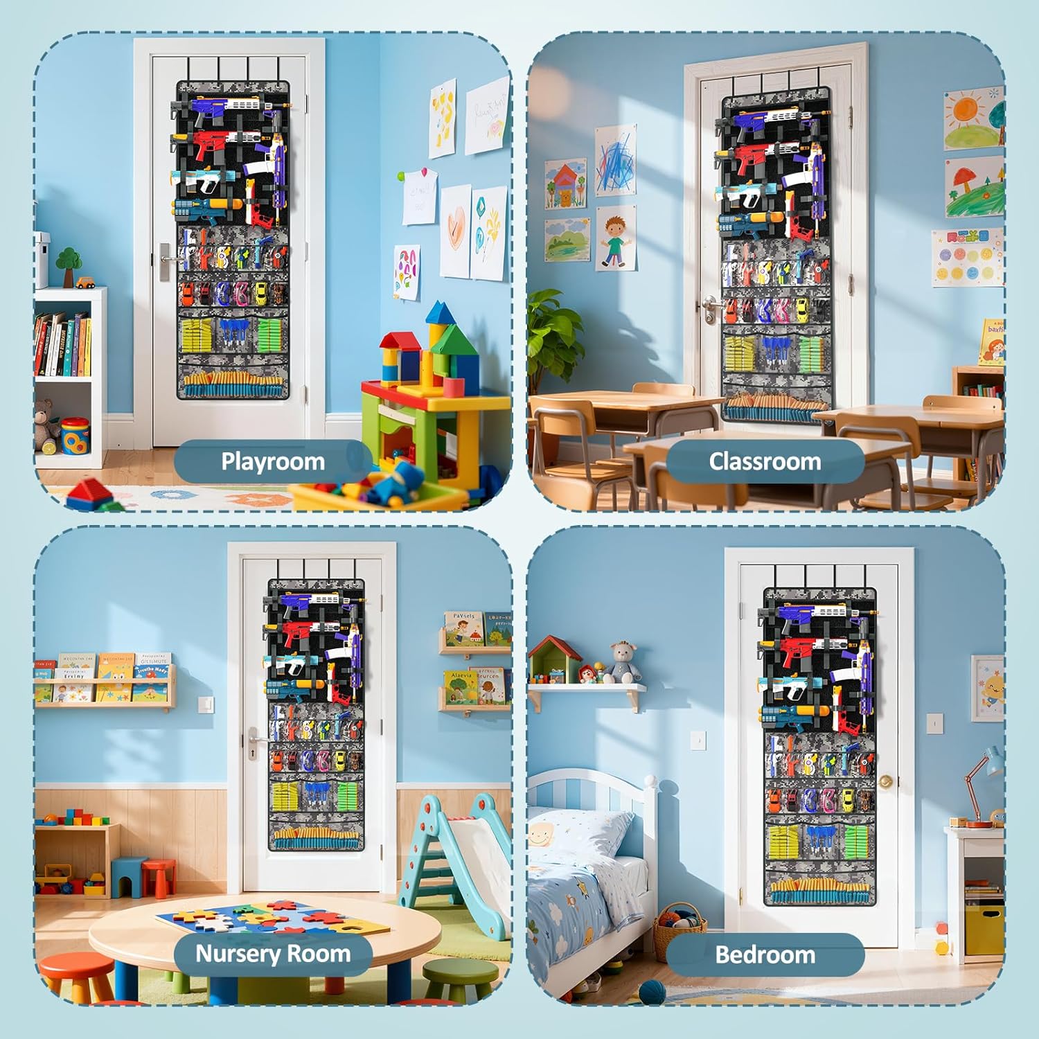 Over The Door Organizer for Toy Guns, Toys Organizer with Pockets, Hook&Loop Straps for Foam Blasters, Darts, Goggles, Hanging Toys Gun Storage for Kid Rooms, Play rooms, Grey Camouflage