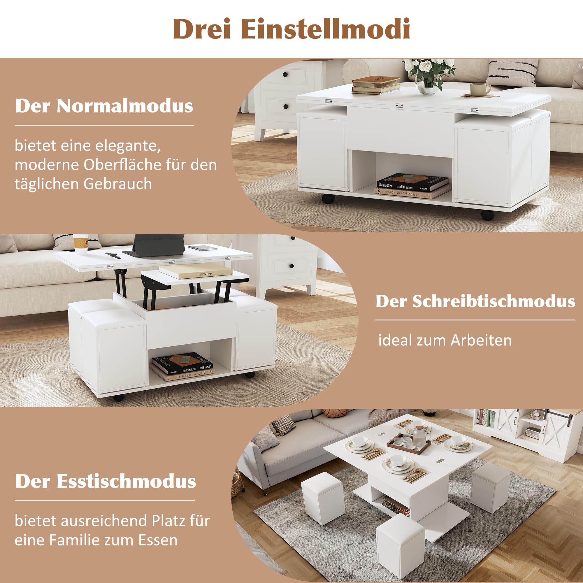 Mesa de Centro Elevable con Escritorio Elevable y 4 Taburetes Blandos, Mesa Central de Café con Tablero y Almacenamiento para salón, Mesa de Comedor Extensible, 100x100x64.5 cm, Blanco B