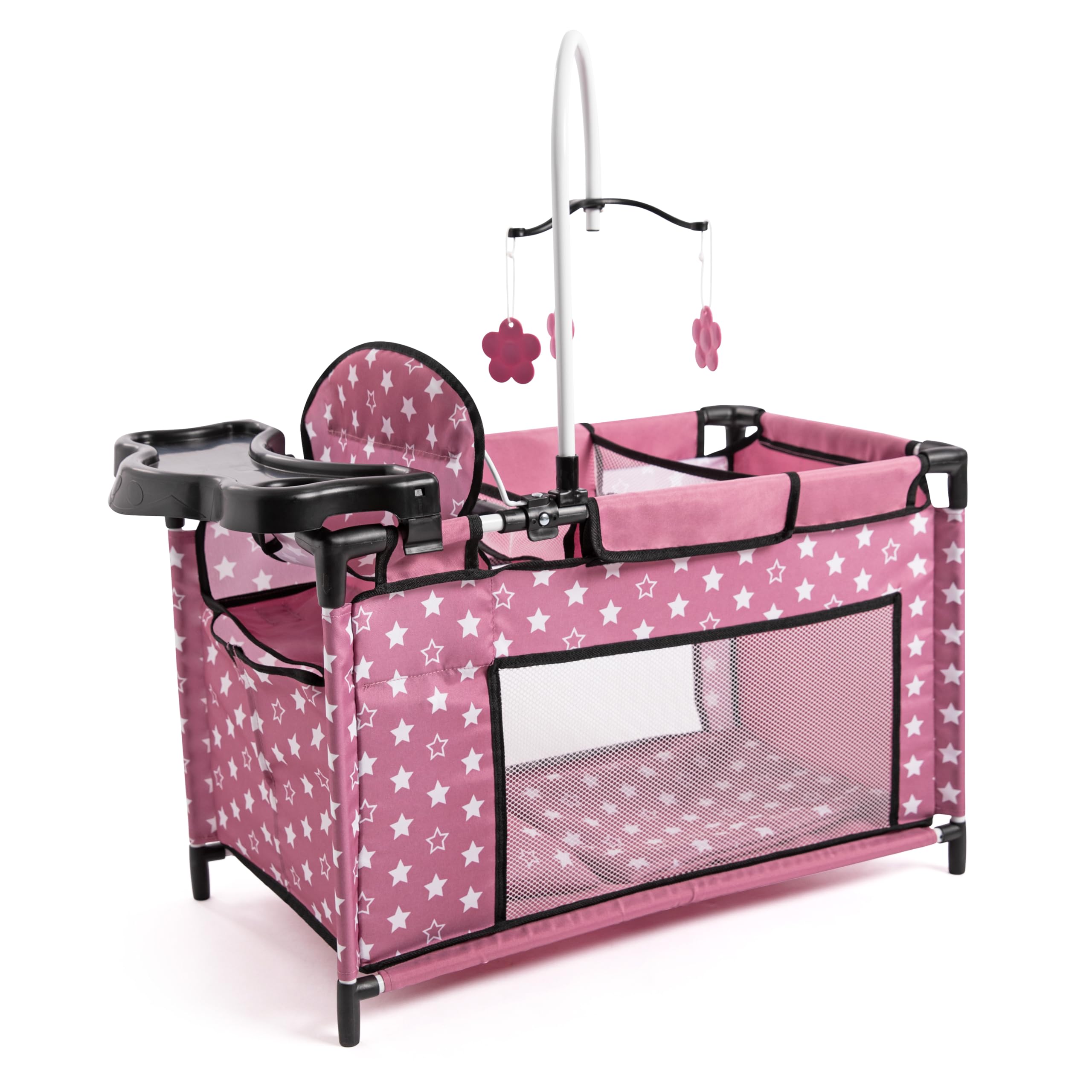 Bayer Design 62676AA letto per bambole multiplo con scomparto, seggiolone integrato, giostrina, accessori per bambola