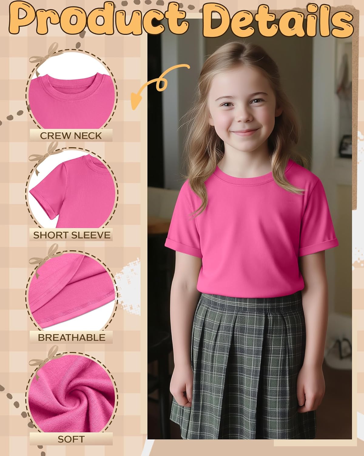 3 Pack Girls Short Sleeve T Shirts Kids Crewneck Rolled Cuffs Fashion Shirts Summer Casual Basic Tees Tops 5-14 Y - Image 4