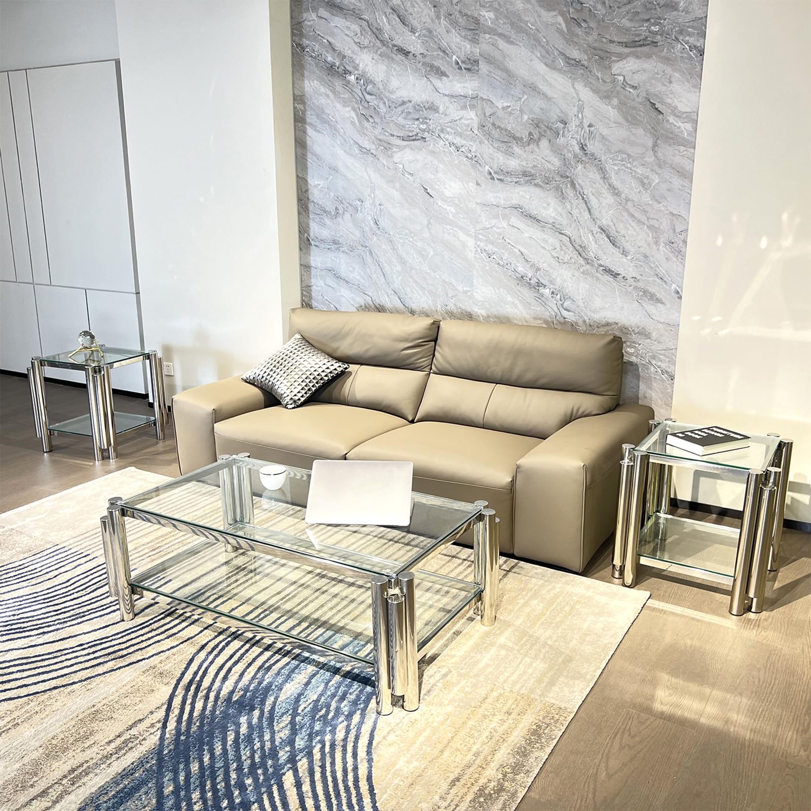 Modern Stainless Steel Coffee Table Set (Set of 3), Clear Tempered Glass Table Top, Coffee Table & End Side Table 3-Pieces Sets for Living Room (Silver, 50'' Set of 3)