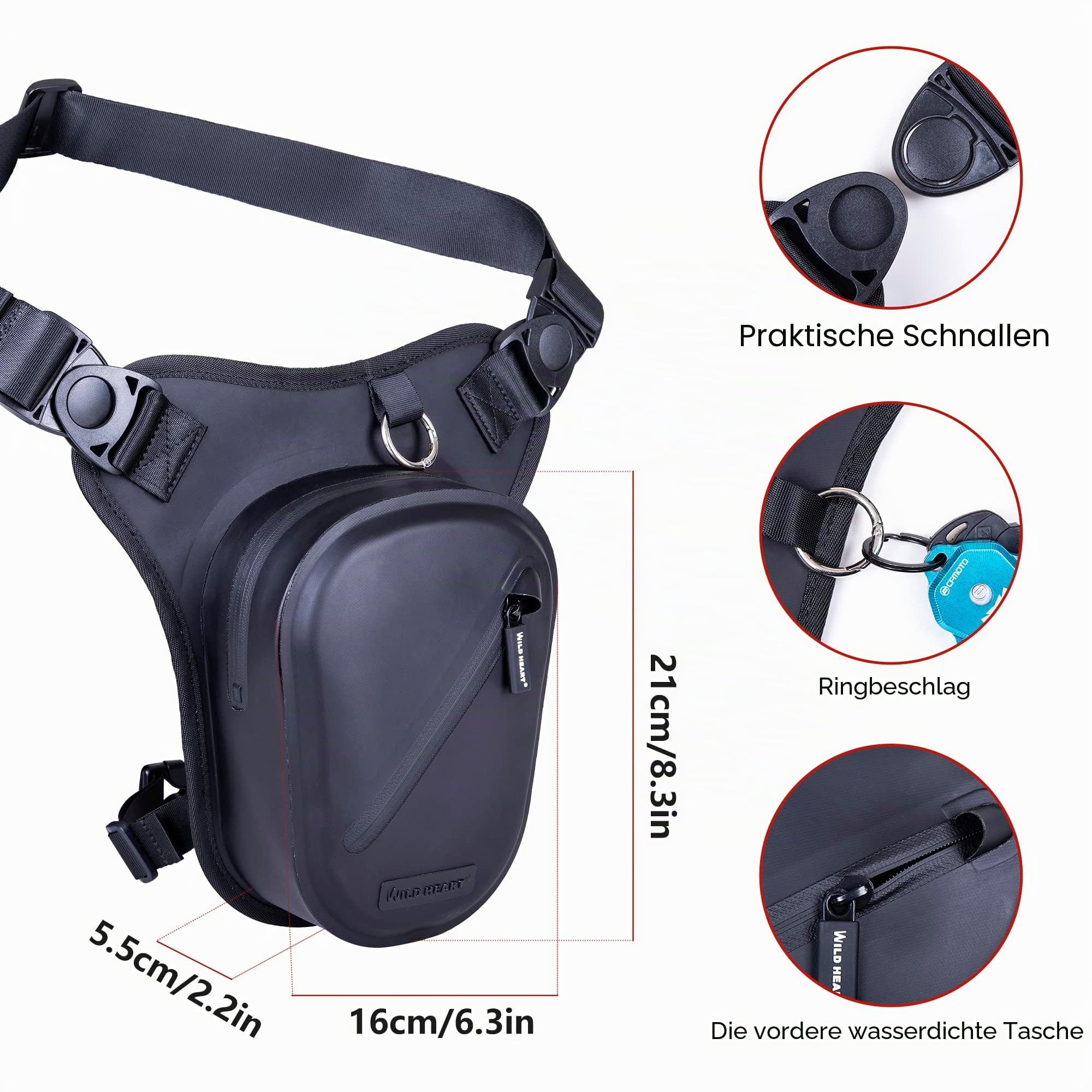 WILD HEART wasserdichte Motorrad-Oberschenkeltasche, Vielseitige Brust-/Taktik-/Bein-/Werkzeug-/Schulter-/Messenger-/Bauchtasche aus mit Seil für Outdoor-Aktivitäten (Schwarz)
