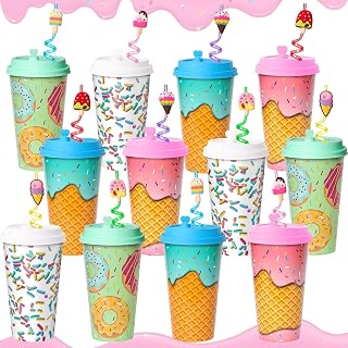 24 Pack Ice Cream Party Favors Cups with Silly Straws, 16OZ Ice Cream Plastic Cups with Lids for Donut Candy 1st Sweet One Birthday Decorations Girls Party Supplies Goodie Bags Stuffers