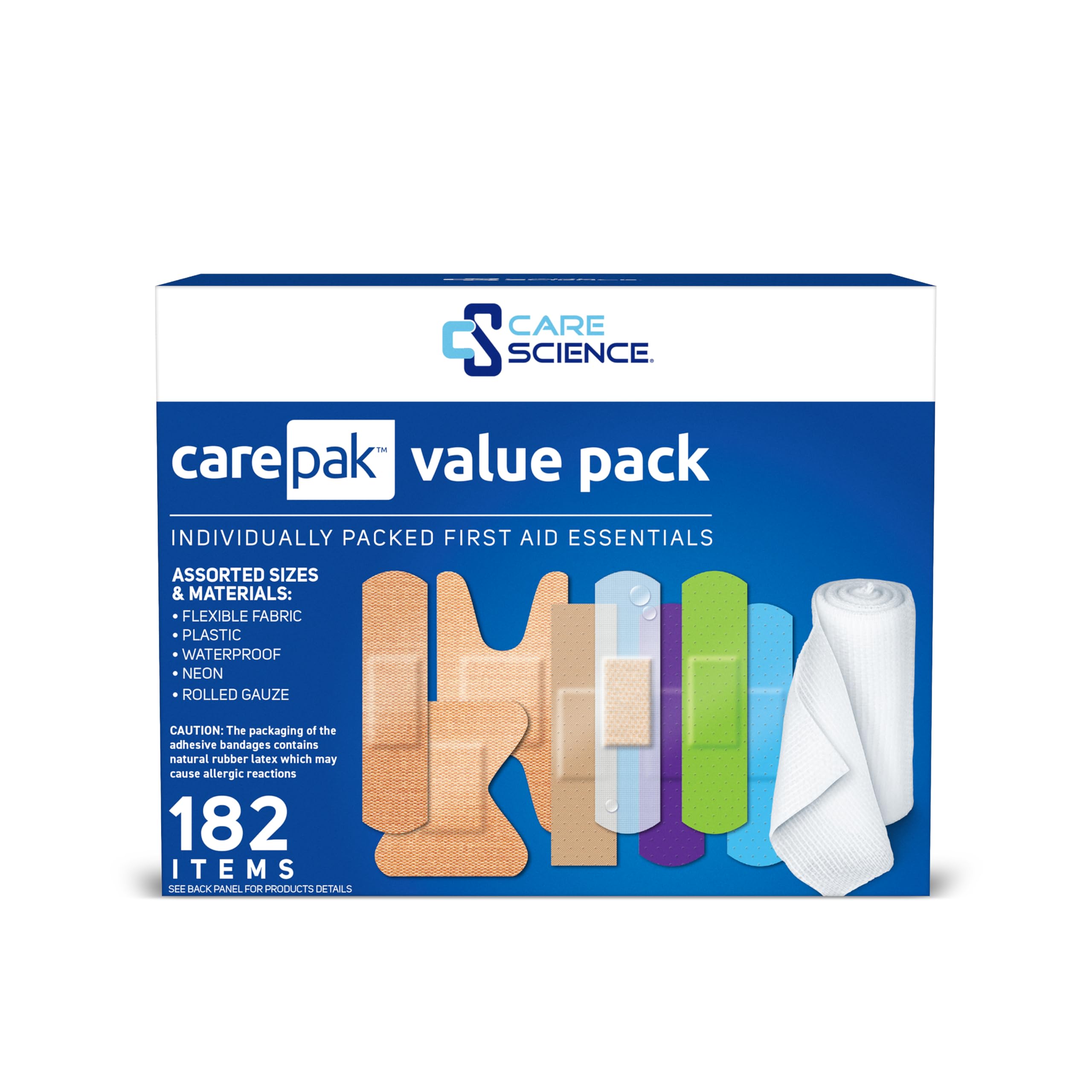 Care Science CarePak - Confezione assortita, 182 pezzi, misure assortite | Assortimento di bende confezionate singolarmente e garza arrotolata. Include bende trasparenti, impermeabili e in plastica